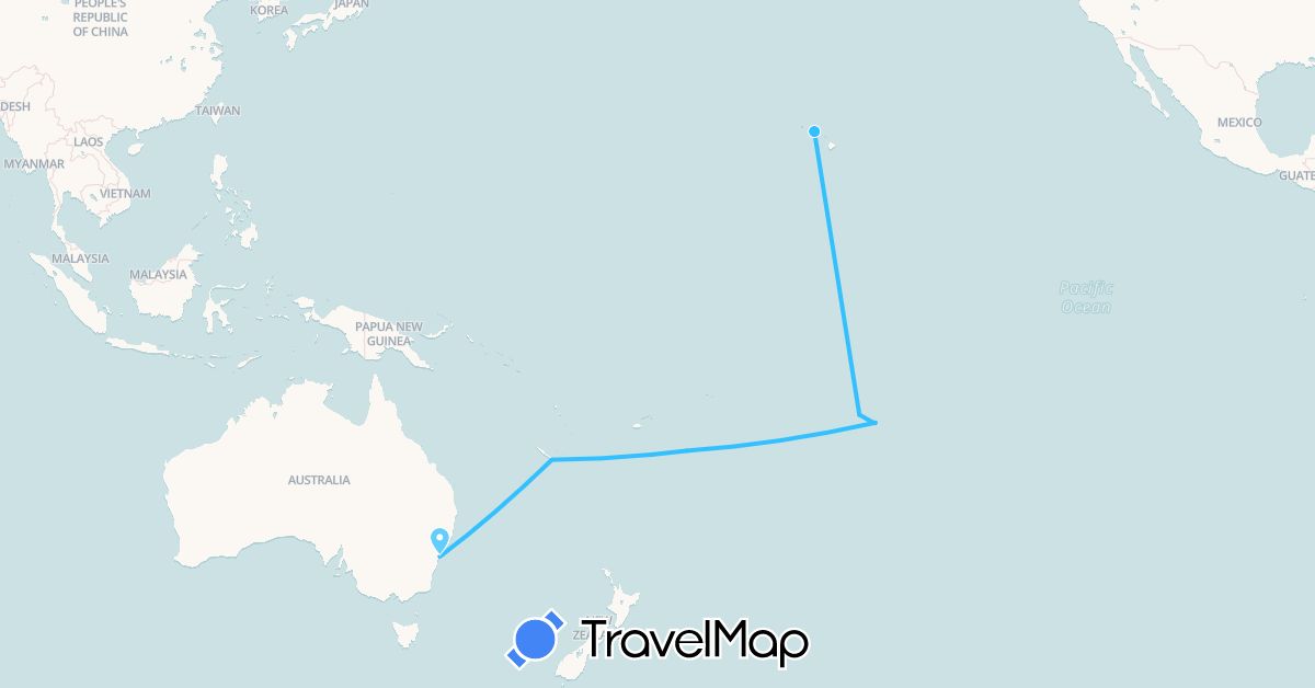 TravelMap itinerary: driving, boat in Australia, France, Tonga, United States (Europe, North America, Oceania)